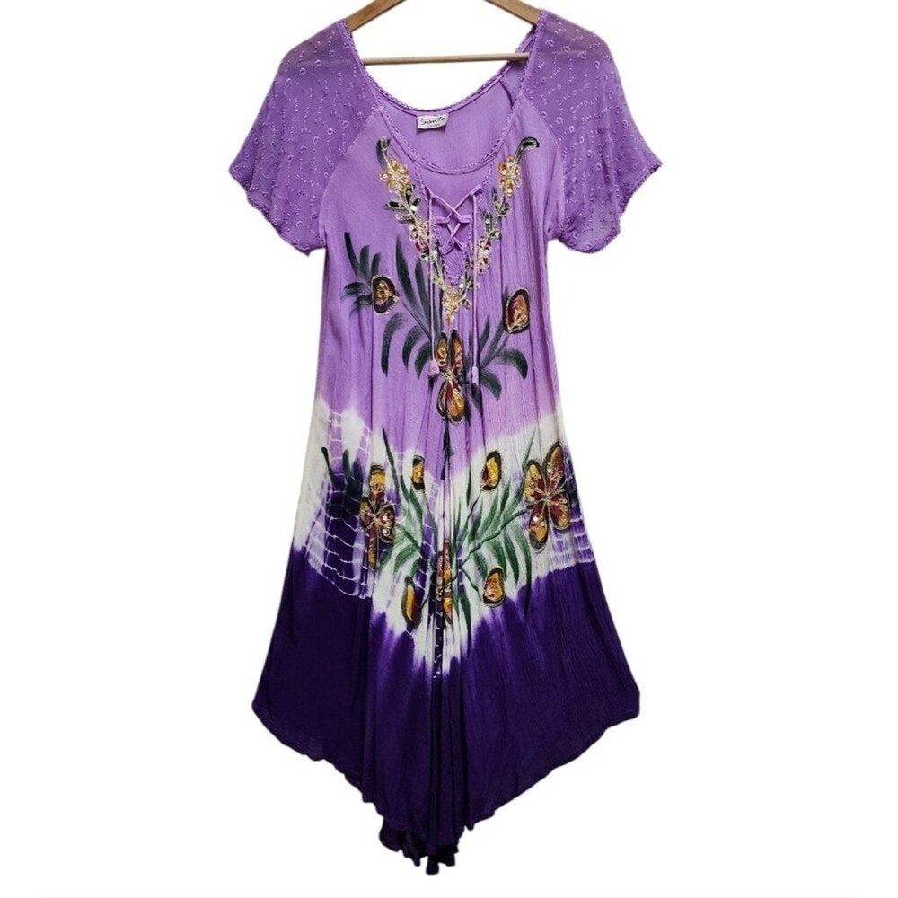 Sante Purple Floral Lace Up Handkerchief Embroidered Tie Dye Dress S M L  Boho